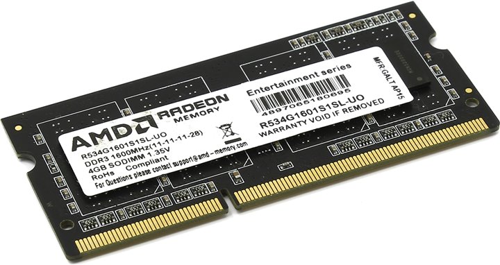 Оперативная память для ноутбука 4Gb AMD Radeon R5 Entertainment R534G1601S1SL-UO, SODIMM DDR III, PC-12800, 1600MHz, 1.35V