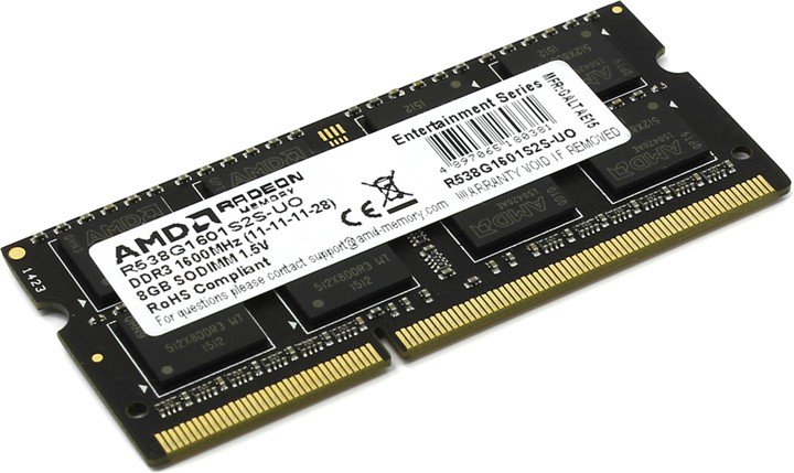 Оперативная память для ноутбука 8Gb AMD Radeon R5 Entertainment R538G1601S2S-UO, SODIMM DDR III, PC-12800, 1600MHz, 1.5V