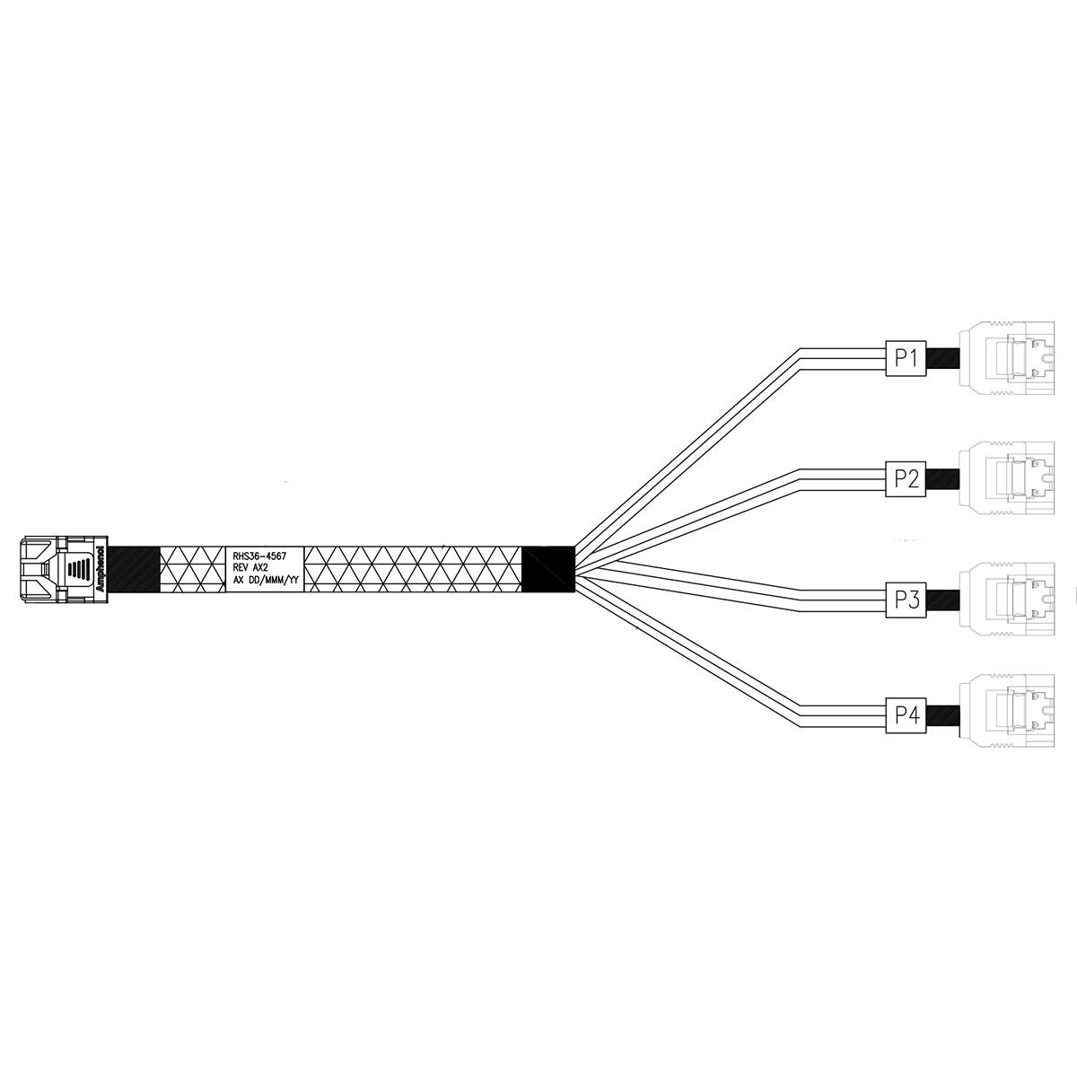 Кабель Amphenol RHS36-4567, mini SAS HD (SFF-8643) - 4xSATA, 0.75м