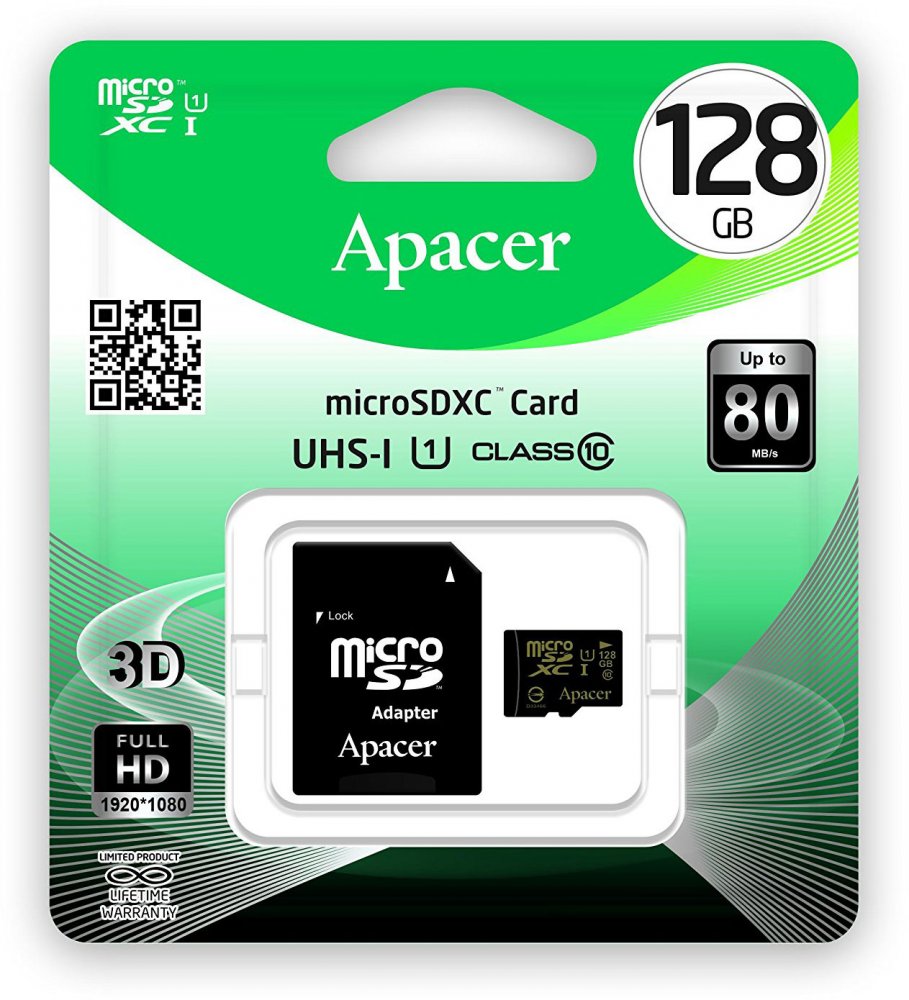 Карта памяти 128Gb Apacer AP128GMCSX10U1-R, SD Micro, SDXC Class 10, UHS-I U1, переходник