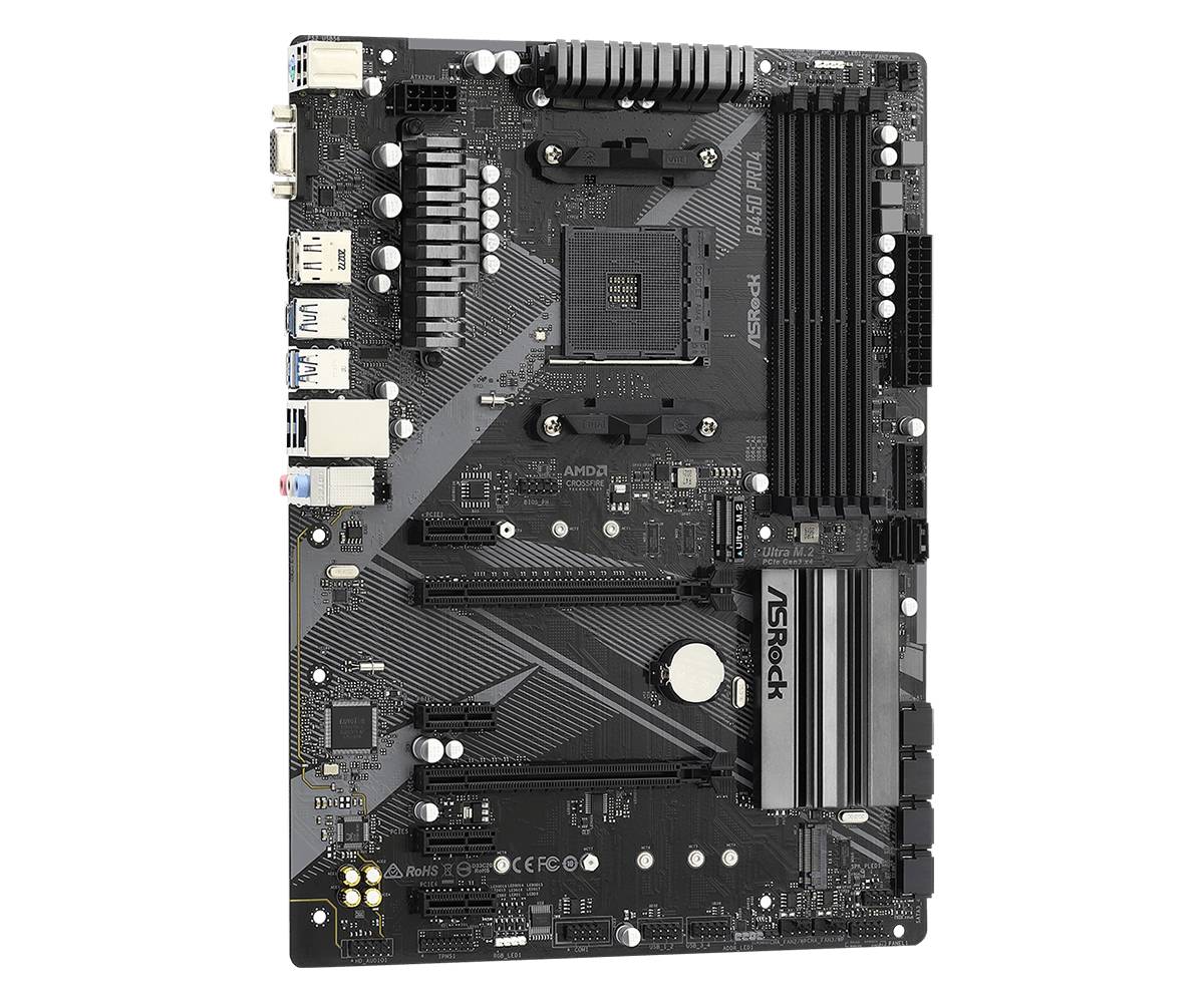 Материнская плата ASRock B450 PRO4 R2.0, AM4, (VGA, HDMI, DP), 4xDDR IV, ATX