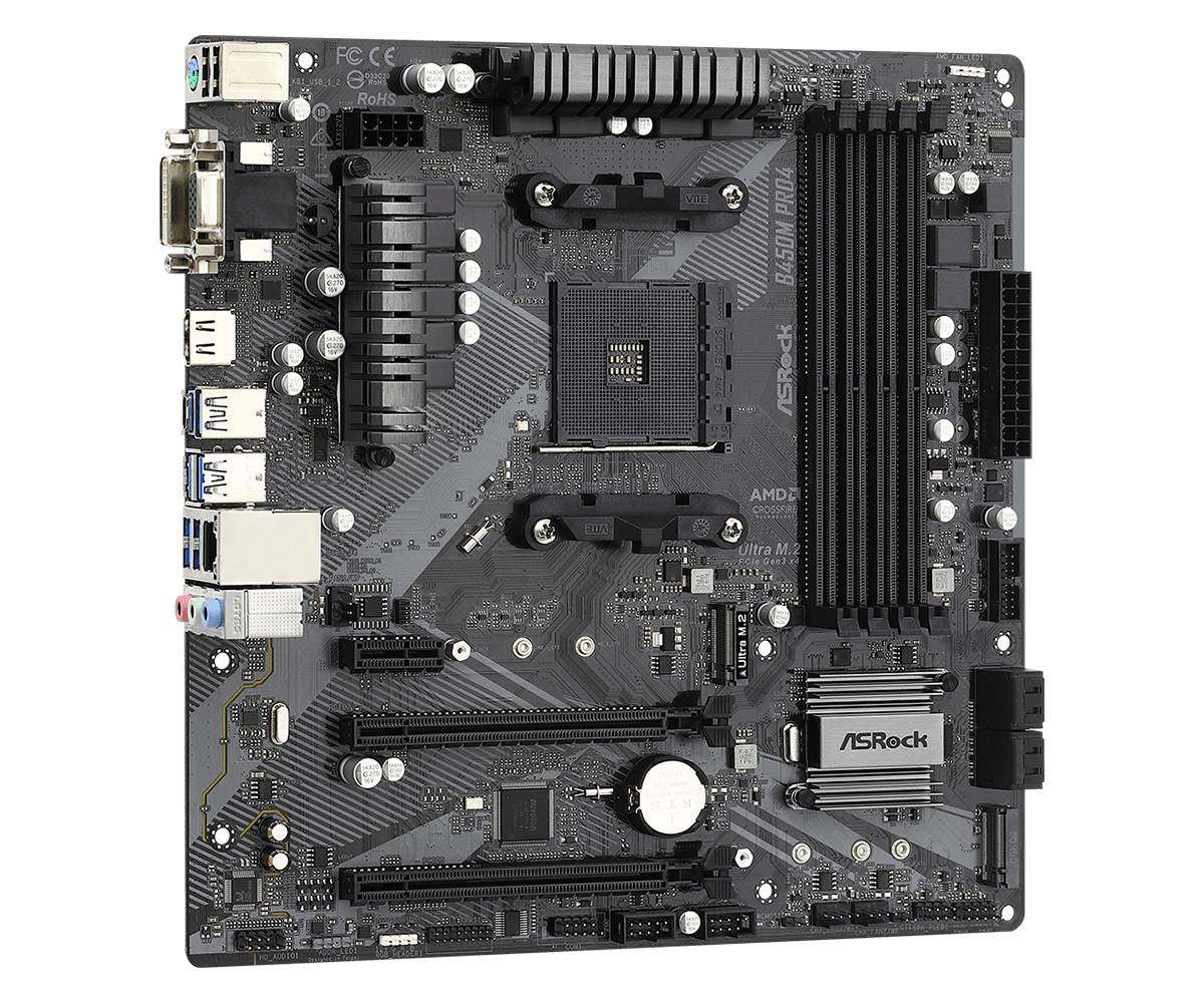 Материнская плата ASRock B450M Pro4 R2.0, AM4, (VGA, DVI, HDMI), 4xDDR IV, mATX