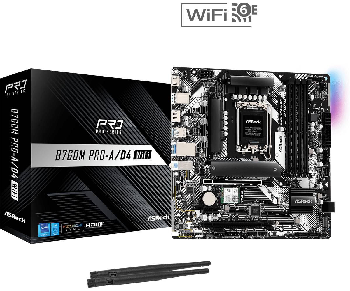 Материнская плата ASRock B760M PRO-A/D4 WIFI, LGA1700, (HDMI, DP), 4xDDR IV, mATX