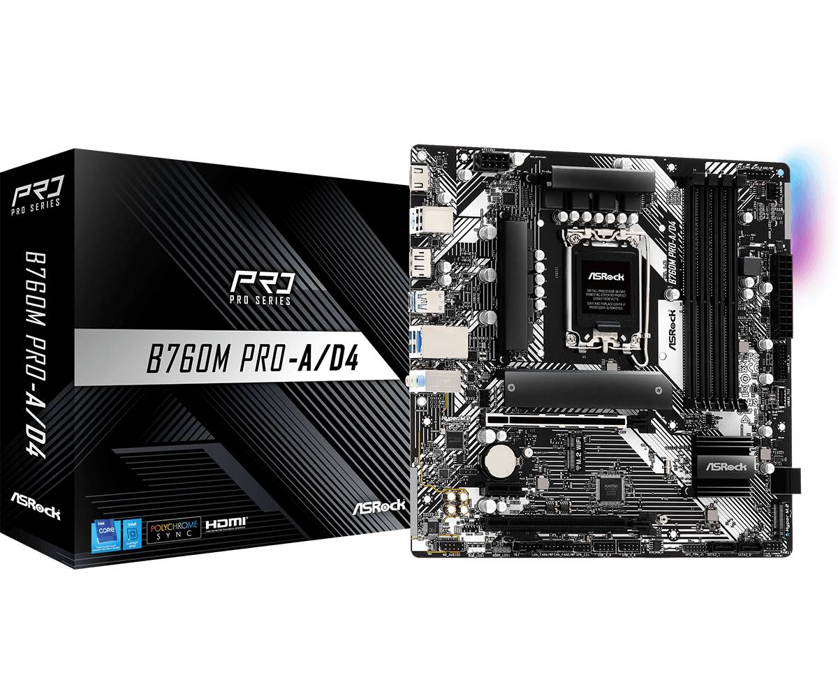 Материнская плата ASRock B760M PRO-A/D4, LGA1700, (HDMI, DP), 4xDDR IV, mATX