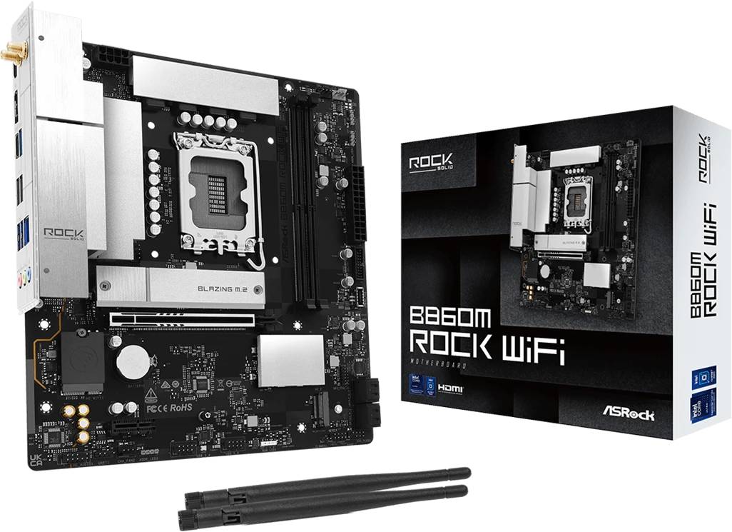 Материнская плата ASRock B860M Rock WiFi, LGA1851, (HDMI, DP), 2xDDR V, mATX