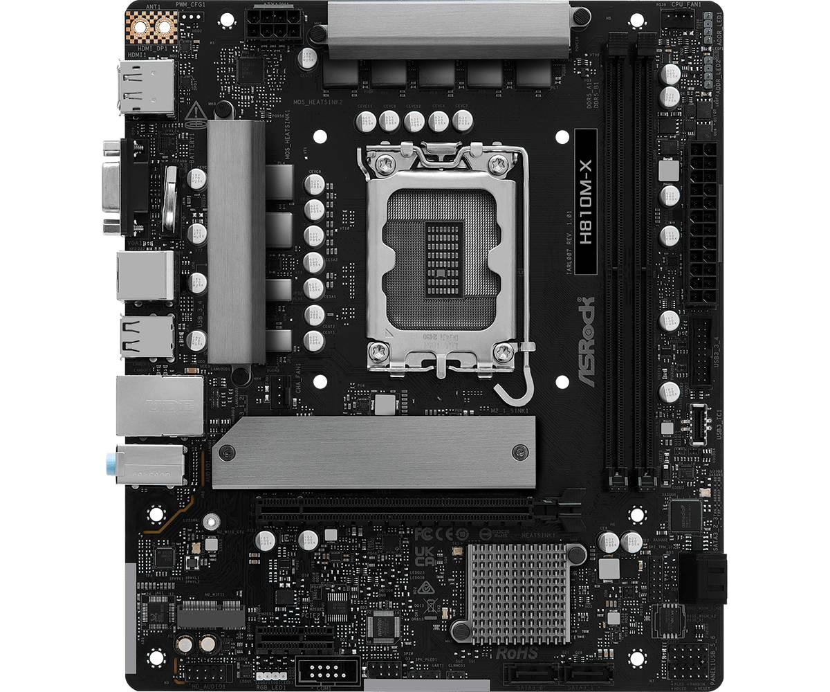 Материнская плата ASRock H810M-X, LGA1851, (HDMI, DP, VGA), 2xDDR V, mATX