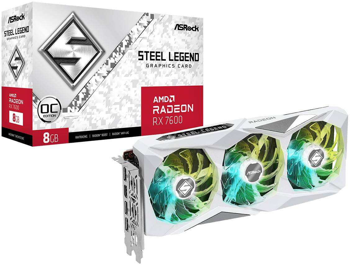 Видеокарта Radeon RX 7600, 8Gb GDDR6 128bit, ASRock Radeon RX 7600 Steel Legend 8G OC RX7600 SL 8GO, RTL