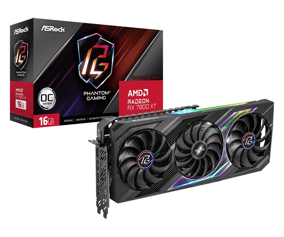 Видеокарта Radeon RX 7800 XT, 16Gb GDDR6 256bit, ASRock RX7800XT Phantom Gaming 16GB OC (RX7800XT PG 16GO), RTL