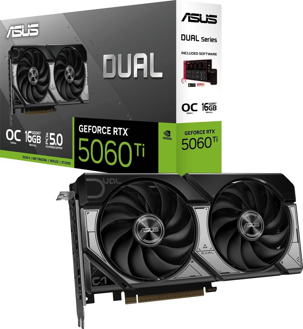 Видеокарта GeForce RTX 5060 Ti, 16Gb GDDR7 128bit, Asus Dual RTX 5060 Ti OC Edition DUAL-RTX5060TI-O16G, RTL