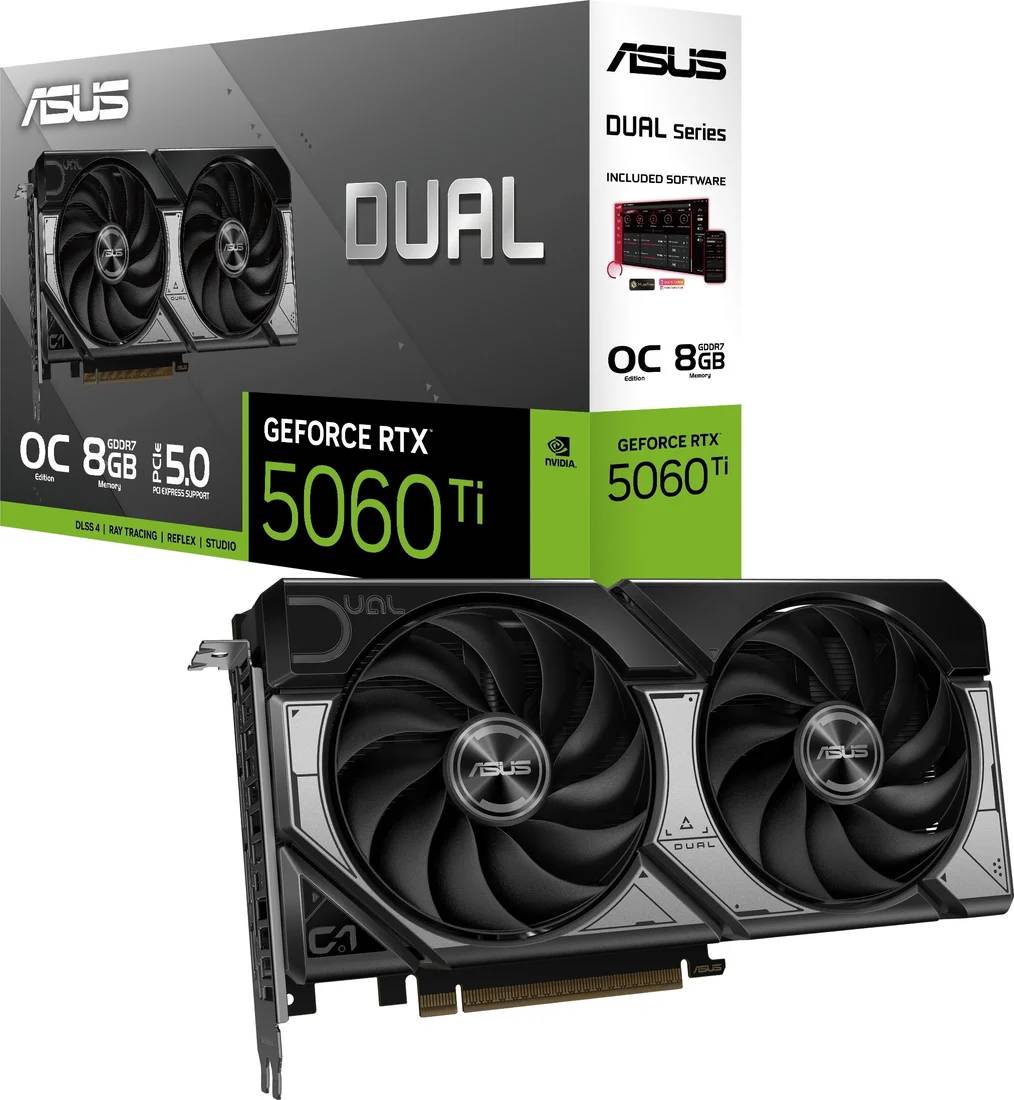 Видеокарта GeForce RTX 5060 Ti, 8Gb GDDR7 128bit, Asus Dual RTX 5060 Ti OC Edition DUAL-RTX5060TI-O8G, RTL