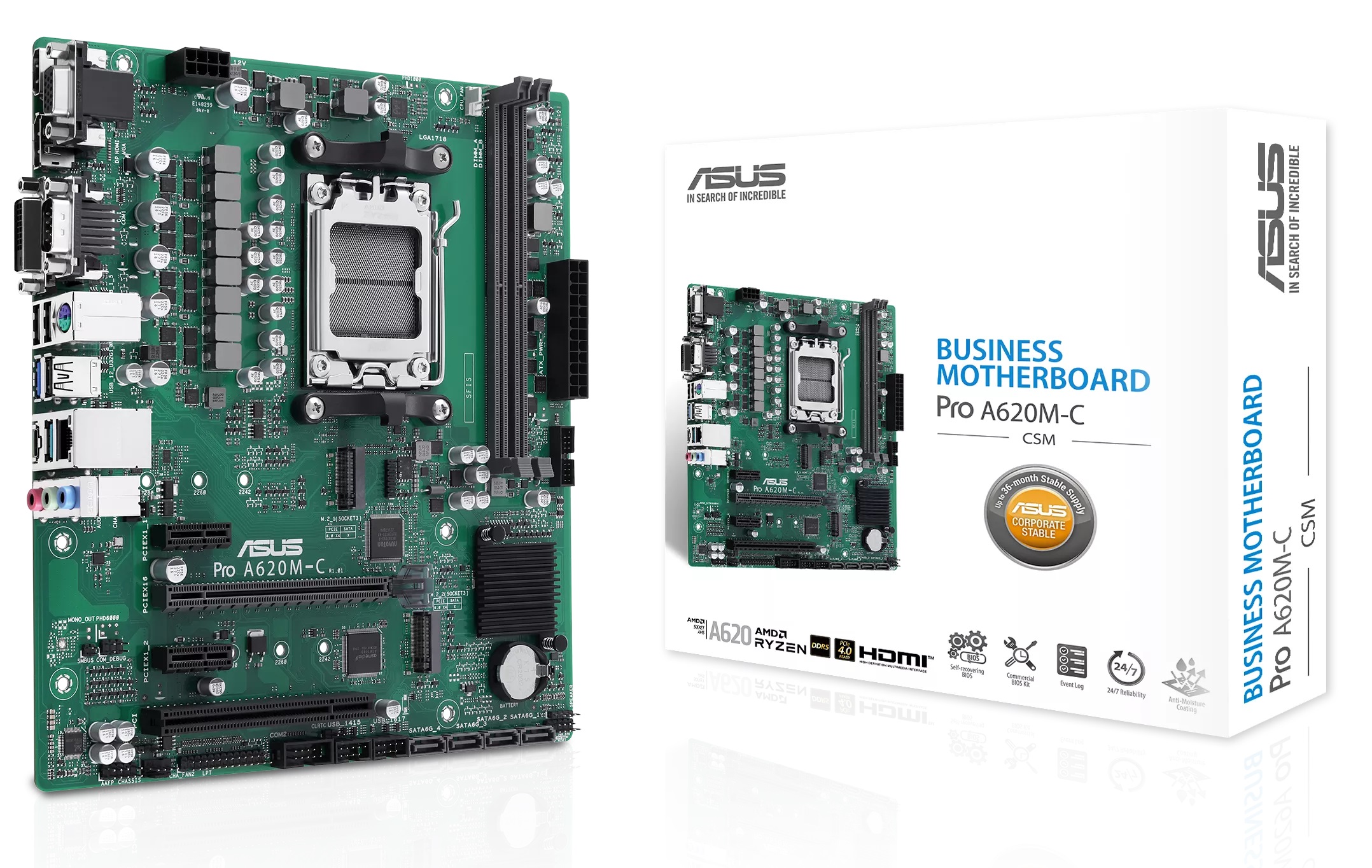Материнская плата Asus Pro A620M-C-CSM, AM5, (VGA, DVI, HDMI, DP), 2xDDR V, mATX