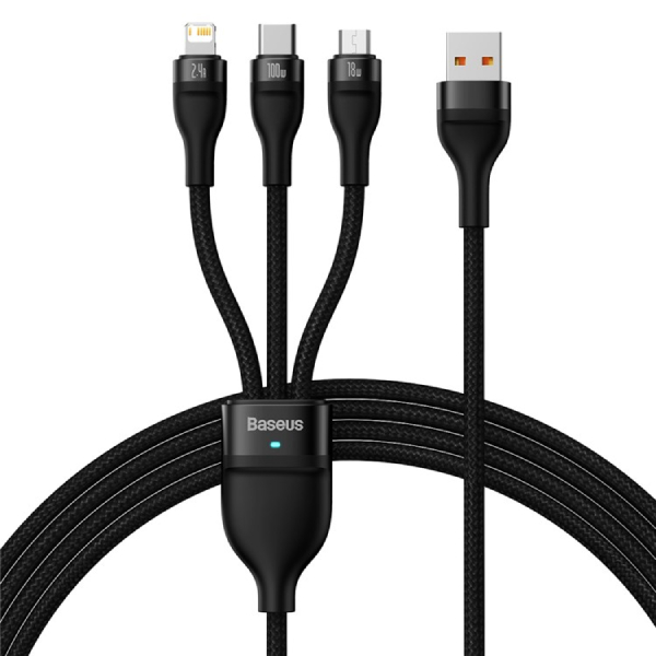 Кабель USB2.0 (M) - USB2.0 Type-C (M) + microUSB2.0 (M) + Lightning (M), 1.2м, Baseus CASS030001, Black