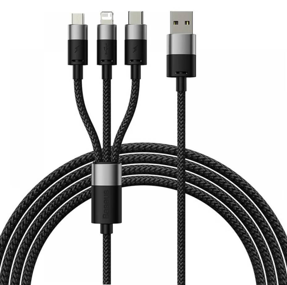 Кабель USB2.0 (M) - microUSB2.0 + Lightning + USB2.0 Type-C (M), 1.2м, Baseus CAXS000001, Black