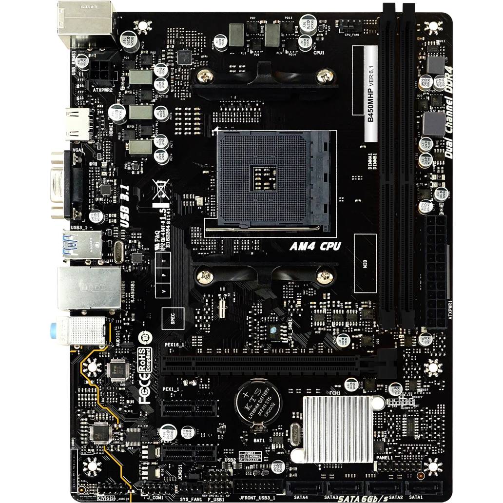 Материнская плата Biostar B450MHP, AM4, (VGA, HDMI), 2xDDR IV, (нет M.2 !!!), mATX  (УЦЕНКА, Б/У, не работает звуковая карта)
