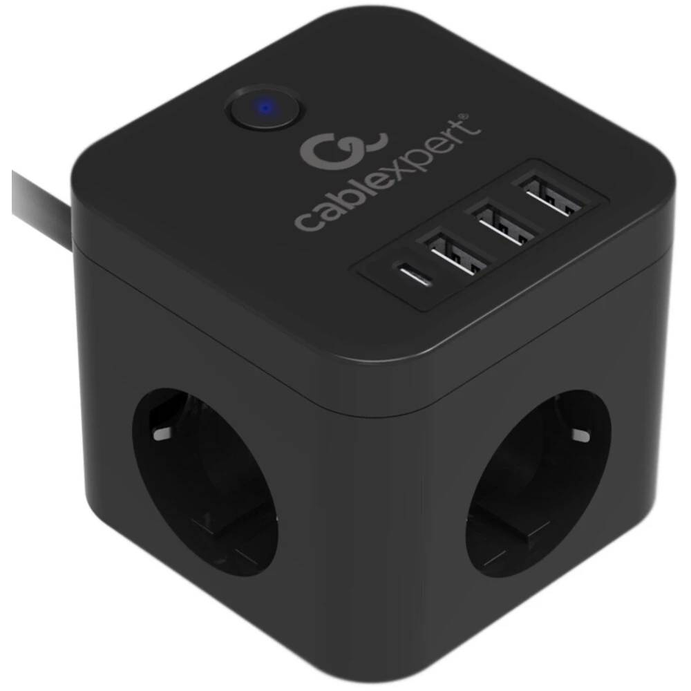 Сетевой фильтр 1.5м 3 розеток Cablexpert Cube CUBE-3-CU3-B-1.5, 3xUSB-A, 1xUSB-C, черный