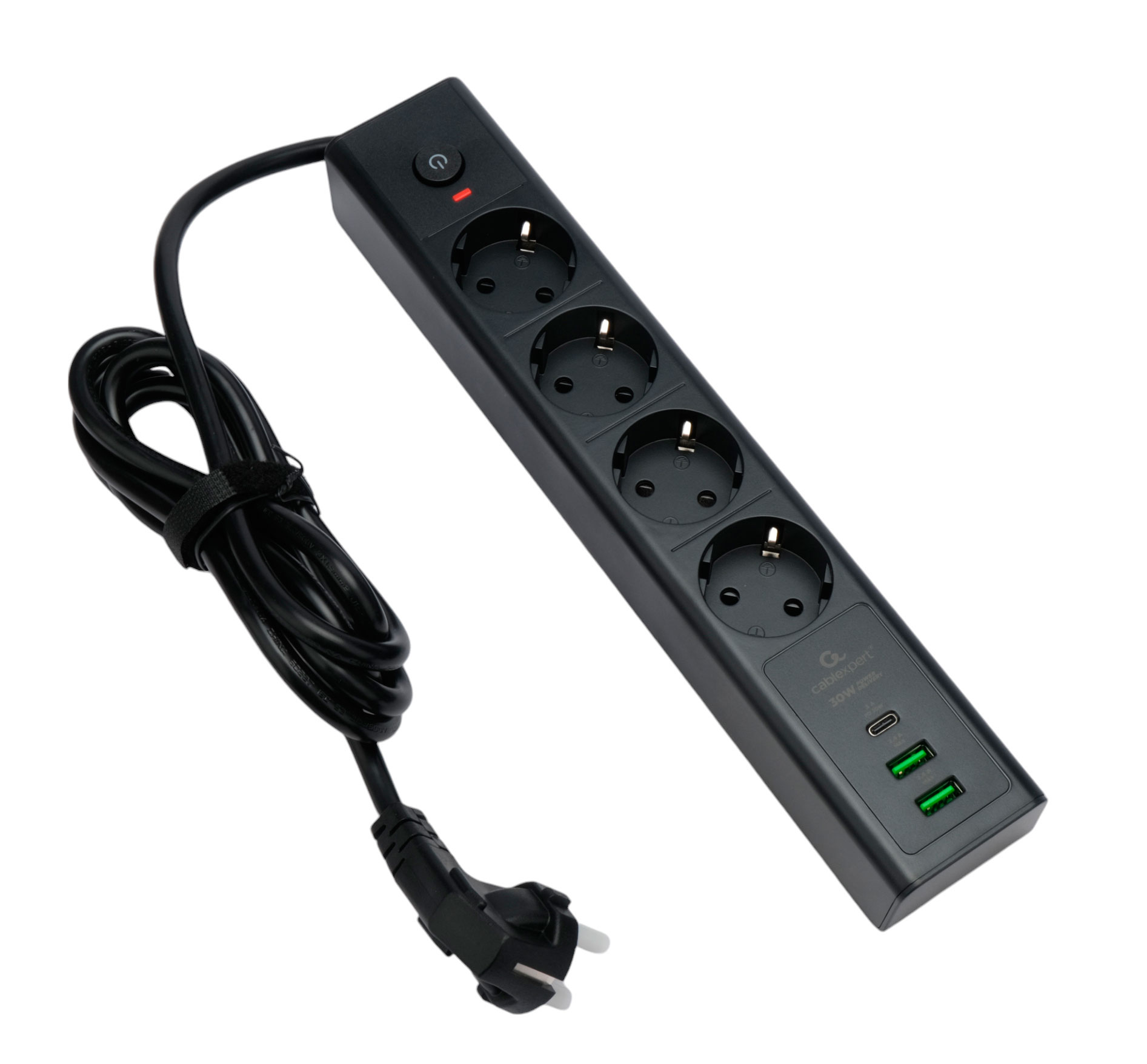 Сетевой фильтр 2м 4 розеток Cablexpert Exnovo EXN-4-CU2-B-2, 2xUSB-A, 1xUSB Type-C черный