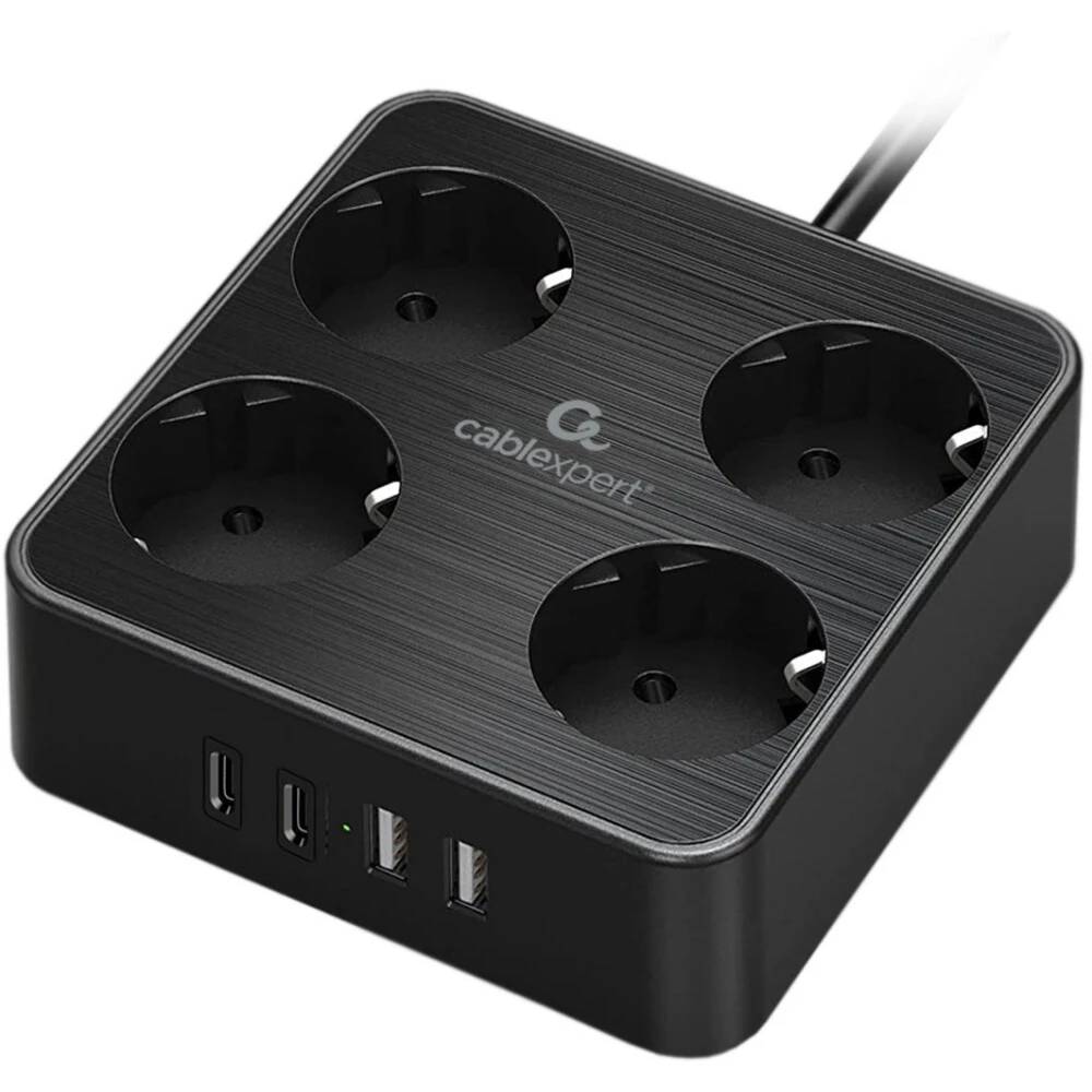Сетевой фильтр 3м 4 розеток Cablexpert Plate PLT-4-C2U2-B-3, 2xUSB, черный
