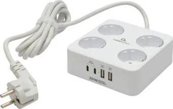 Сетевой фильтр 2м 4 розеток Cablexpert PLT-4-C2U2-W-2, 2xUSB Type-A  белый