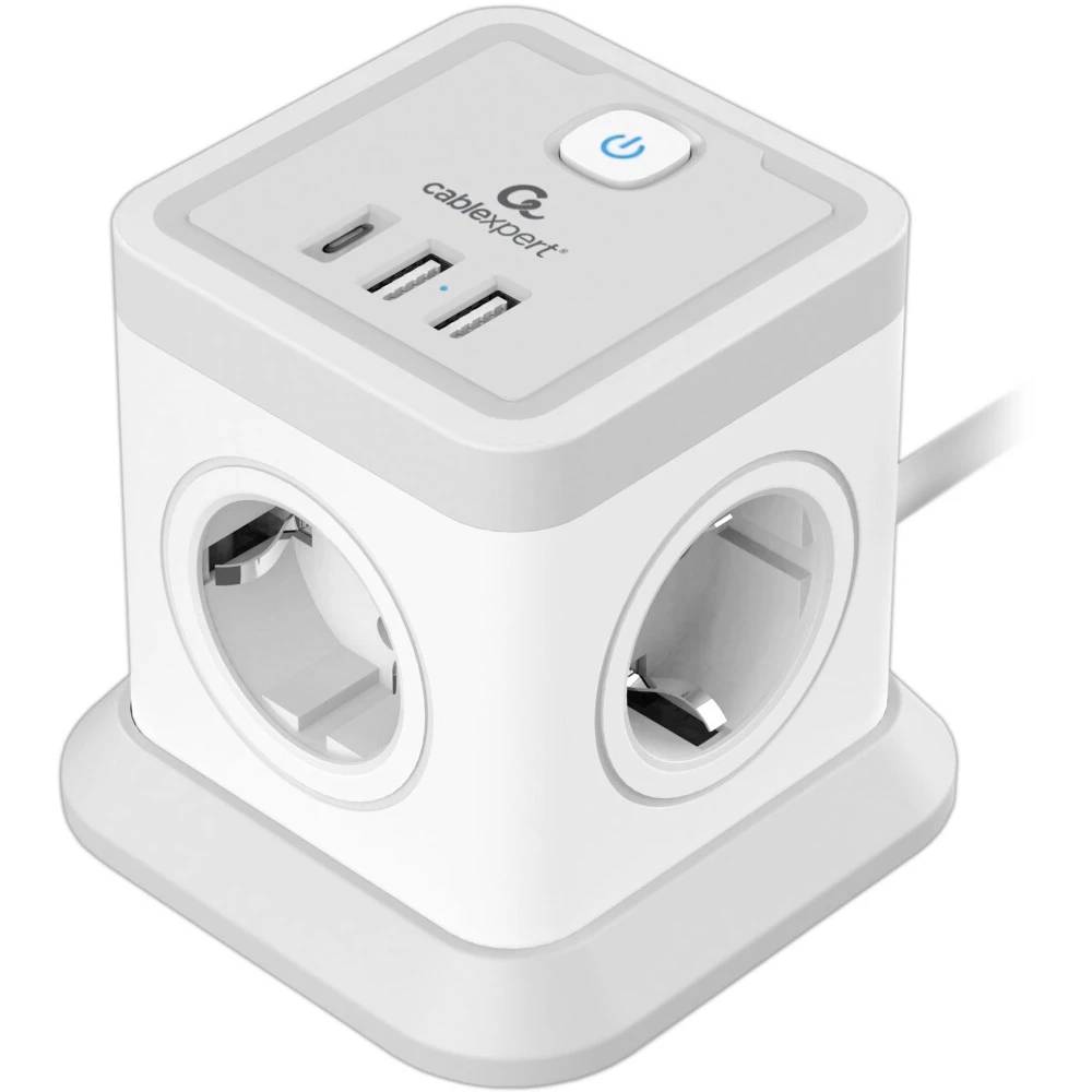 Сетевой фильтр 2м 4 розеток Cablexpert Tower TWR-4-CU2-W-2, 2xUSB, белый