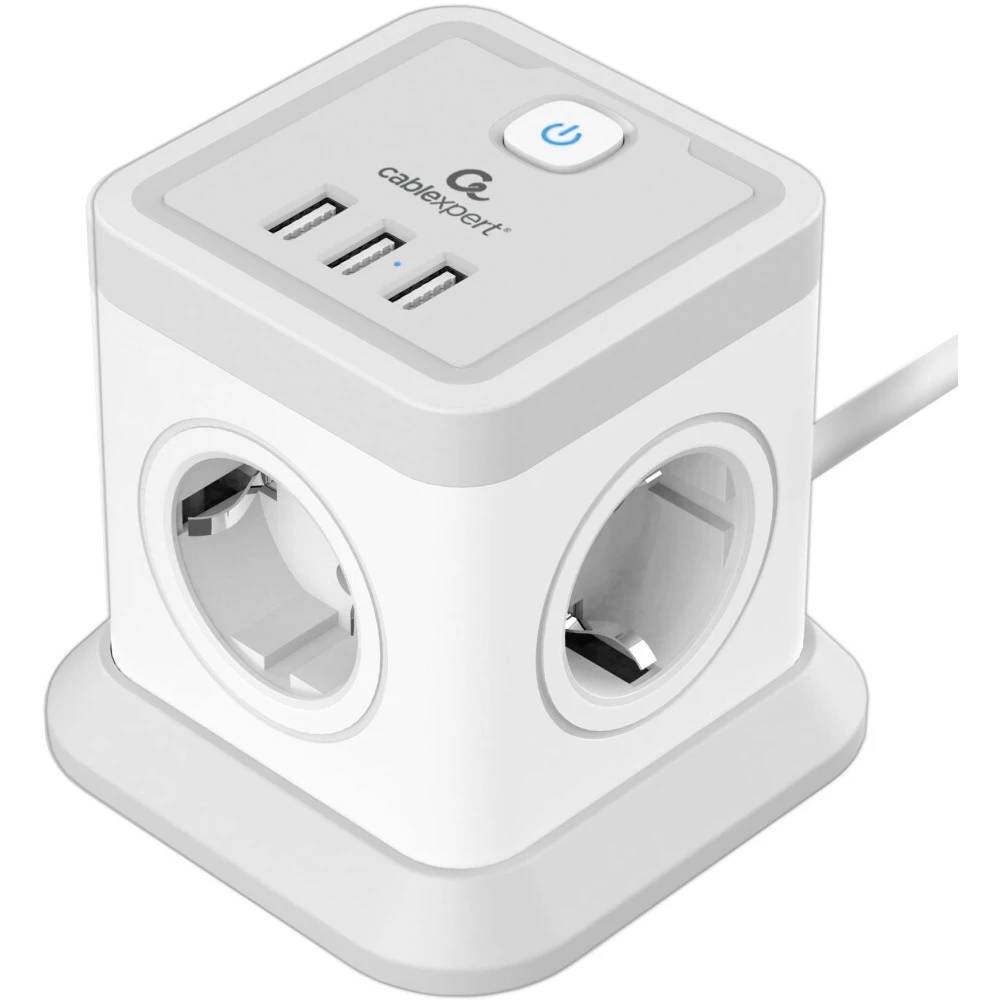 Сетевой фильтр 2м 4 розеток Cablexpert Tower TWR-4-U3-W-2, 3xUSB, белый