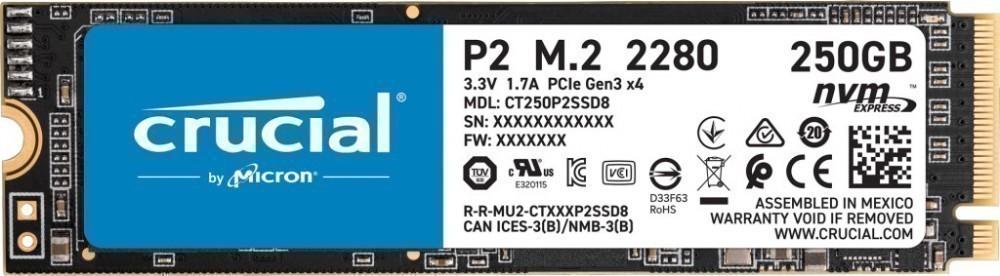 250Gb SSD Crucial P2 CT250P2SSD8, (2100/1150), NVMe M.2