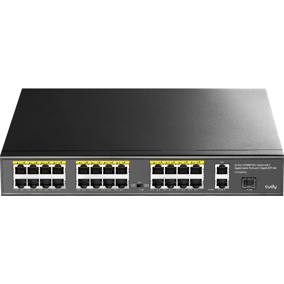 Коммутатор Cudy FS1026PS1, 24xLAN 100Mbps, 2xLAN 1Gbps, 1xSFP, PoE+