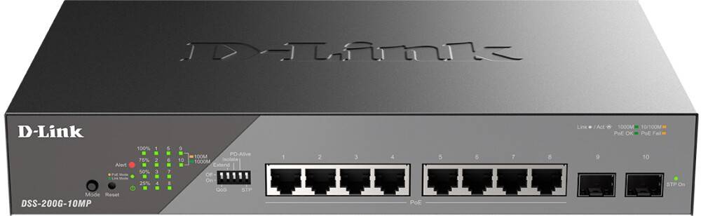 Коммутатор D-Link DSS-200G-10MP/A1A, 8xLAN 1Gbps, 2xSFP, PoE