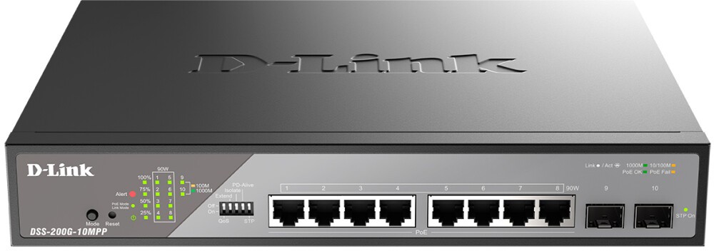 Коммутатор D-Link DSS-200G-10MPP/A1A, 8xLAN 1Gbps, 2xSFP