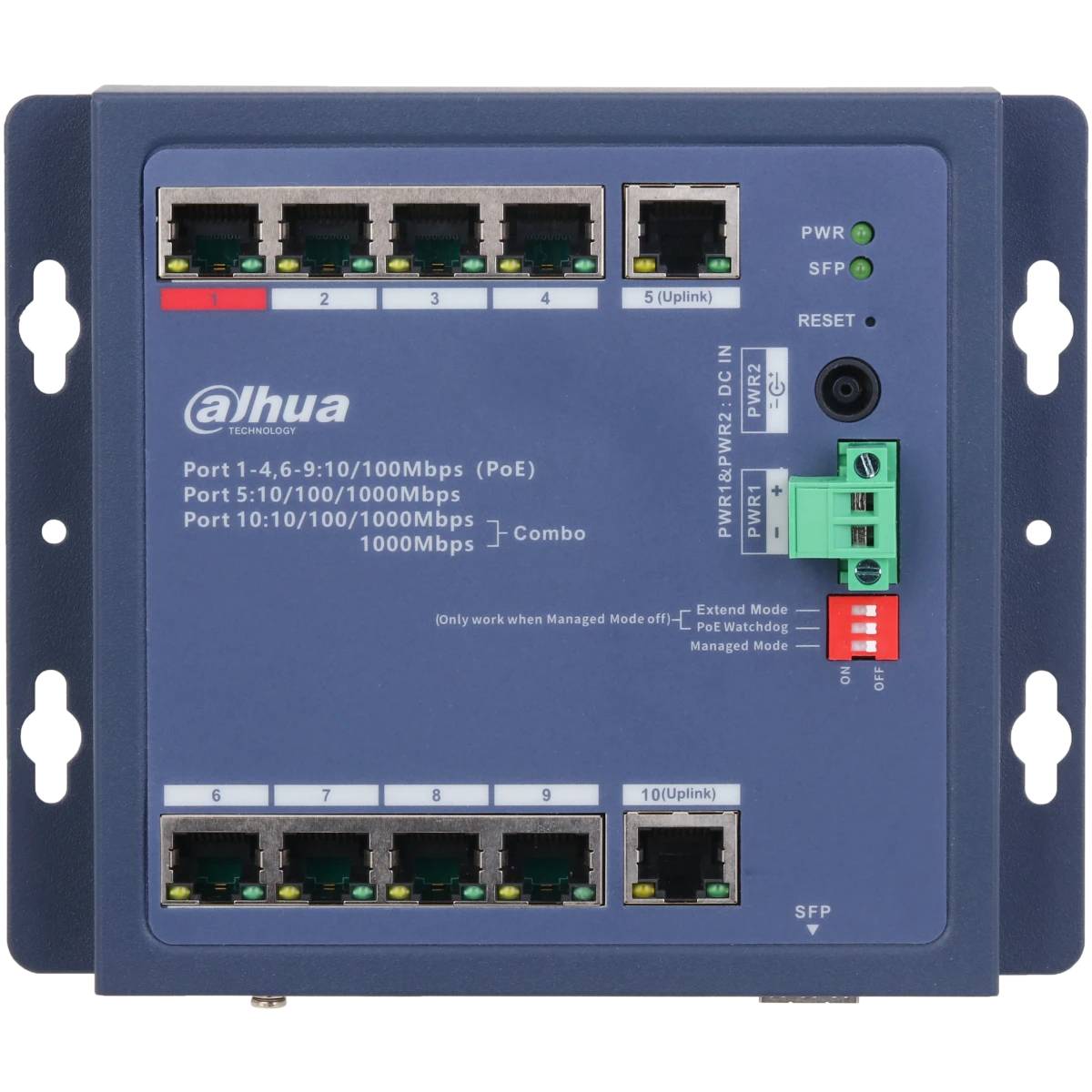 Коммутатор Dahua DH-CHS4110-8ET-90-F, 8xLAN 100 Mbps, 1xSFP, PoE