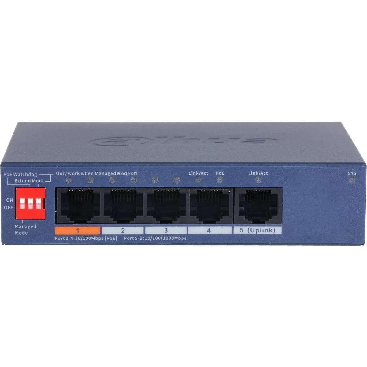 Коммутатор Dahua DH-CS4005-4ET1GT-60, 4xLAN 100Mbps, 1xUplink, PoE