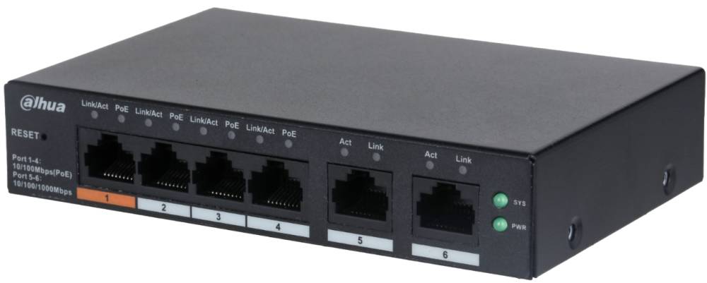 Коммутатор Dahua DH-CS4006-4ET-60, 4xLAN 100Mbps, 2xSFP PoE