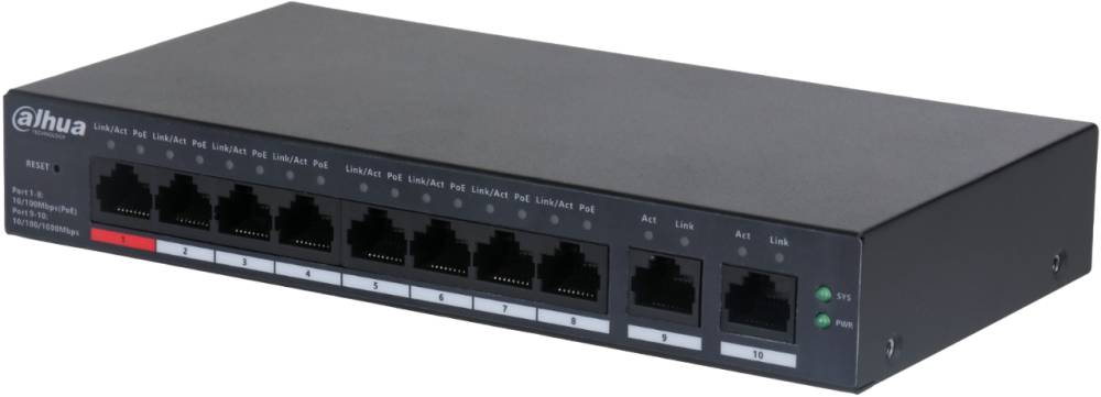 Коммутатор Dahua DH-CS4010-8ET-110, 8xLAN 100Mbps, 2xCombo (1Gbps/SFP) PoE