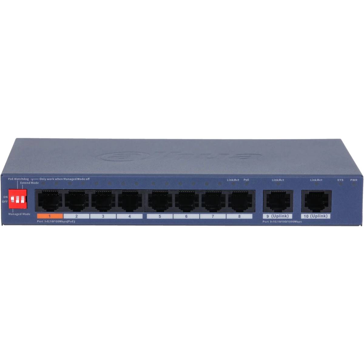 Коммутатор Dahua DH-CS4010-8ET2GT-60, 8xLAN 100Mbps, 2xCombo (1Gbps/SFP), PoE