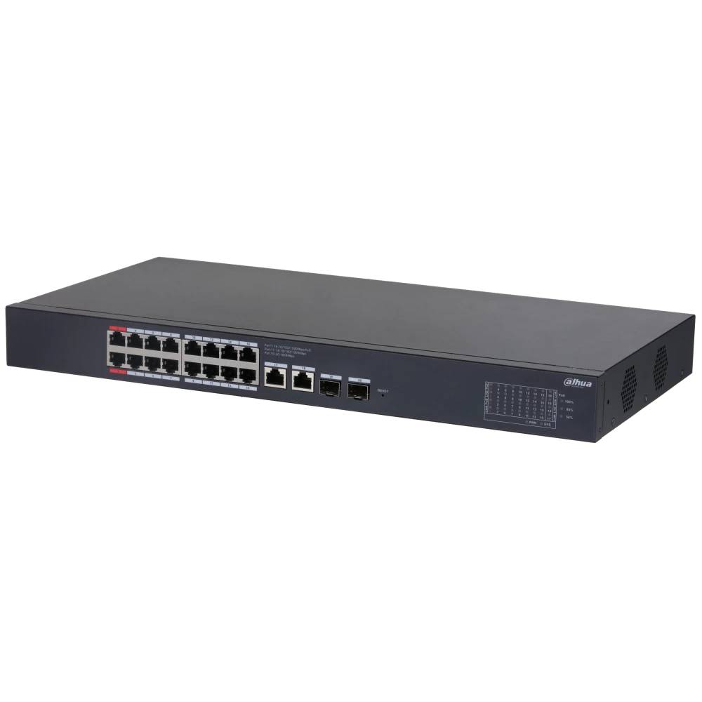 Коммутатор Dahua DH-CS4220-16GT-190, 16xLAN 100Mbps, 2xLAN 1Gbps, 2xCombo (1Gbps/SFP), PoE