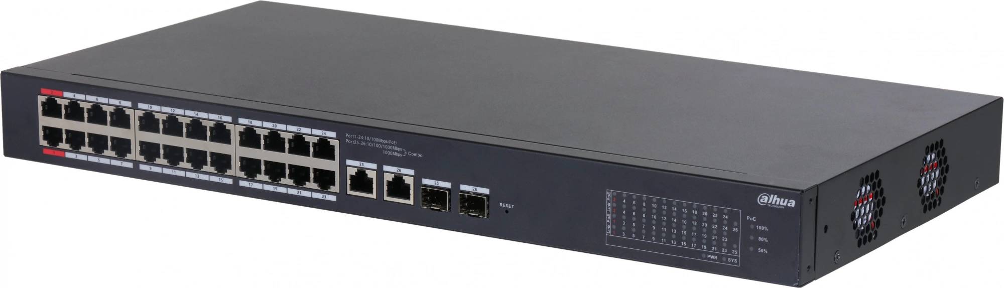 Коммутатор Dahua DH-CS4226-24ET-375, 24xLAN 100Mbps, 2xSFP PoE