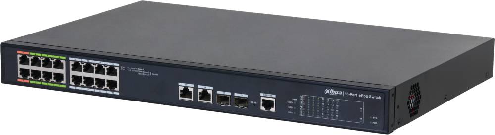 Коммутатор Dahua DH-LR2218-16ET-240, 16xLAN 100Mbps, 2xSFP, 2xCombo (1Gbps/SFP), PoE