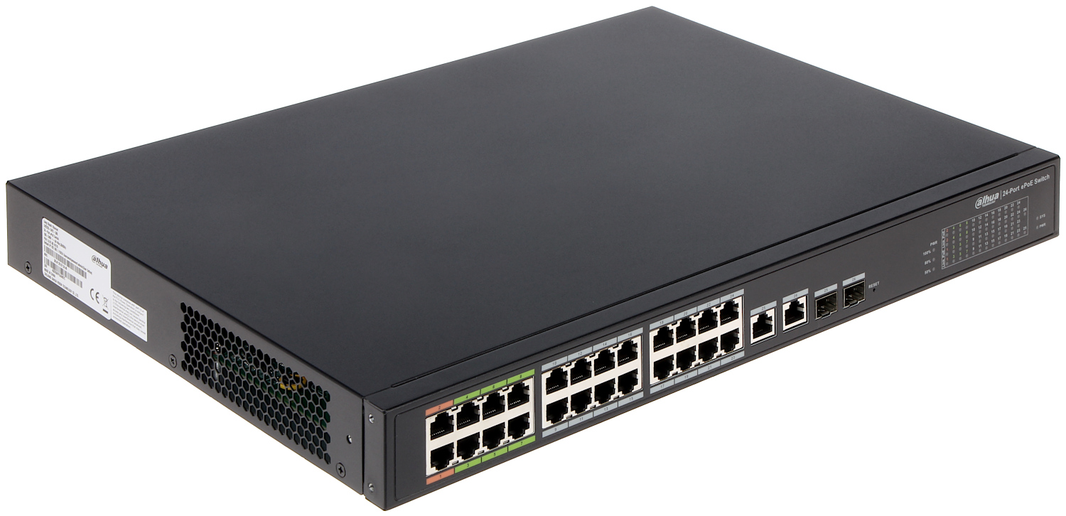Коммутатор Dahua DH-LR2226-24ET-360, 24xLAN 100Mbps, 2xCombo (1Gbps/SFP), PoE