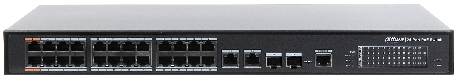 Коммутатор Dahua DH-PFS4226-24ET-240, 24xLAN 100Mbps, 2xLAN 1Gbps, 2xSFP 1Gbps
