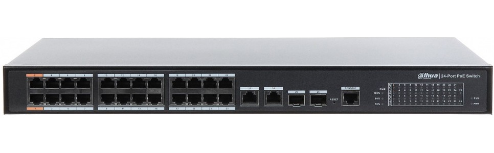 Коммутатор Dahua DH-PFS4226-24ET-360, 24xLAN 100Mbps, 2xSFP 1Gbps