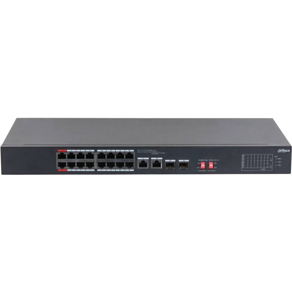 Коммутатор Dahua DH-S3218-16ET-135, 16xLAN 100Mbps, 2xSFP 1Gbps, PoE