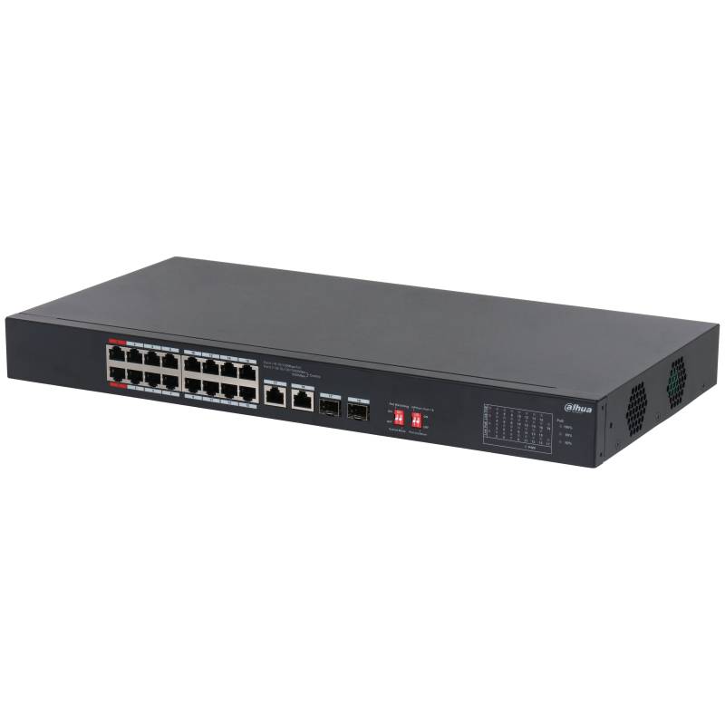 Коммутатор Dahua DH-S3218-16ET-240, 16xLAN 100Mbps, 2xLAN 1Gbps, 2xSFP, PoE