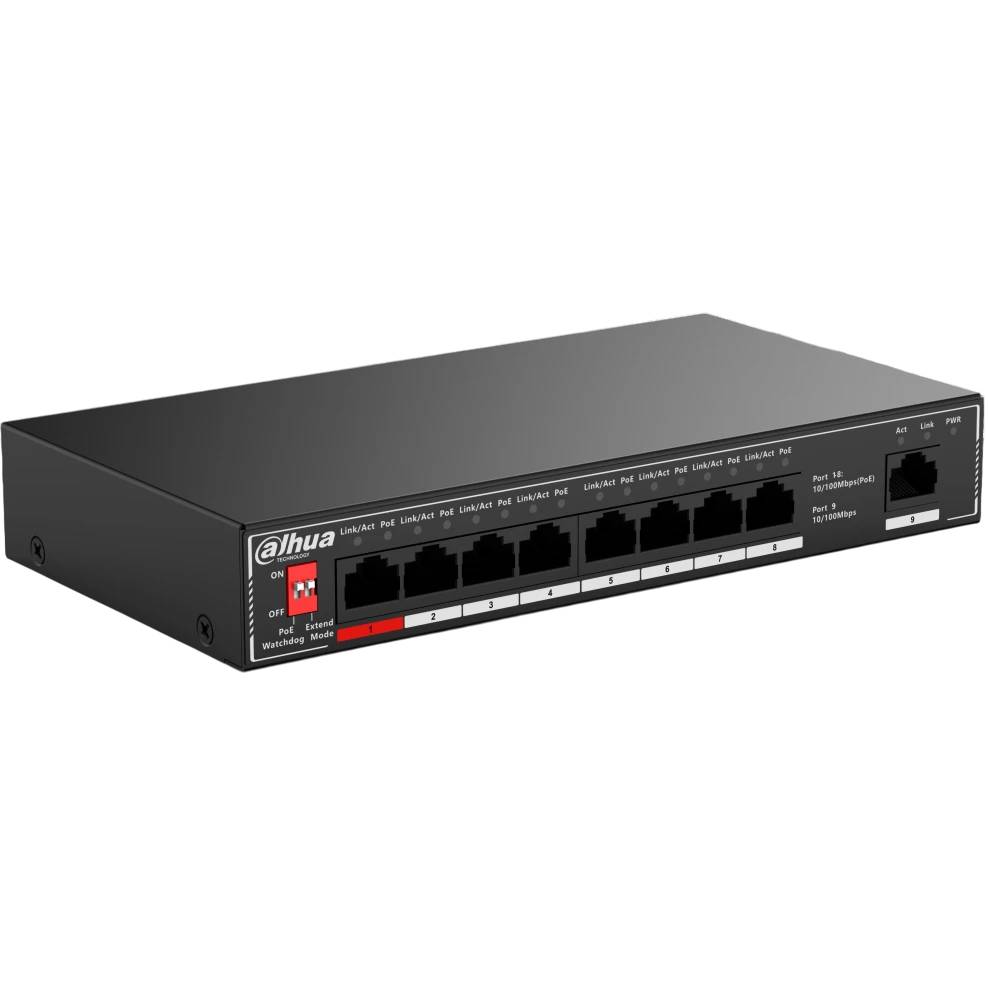 Коммутатор Dahua DH-SF1009P, 8xLAN 100Mbps, 1xUplink, PoE