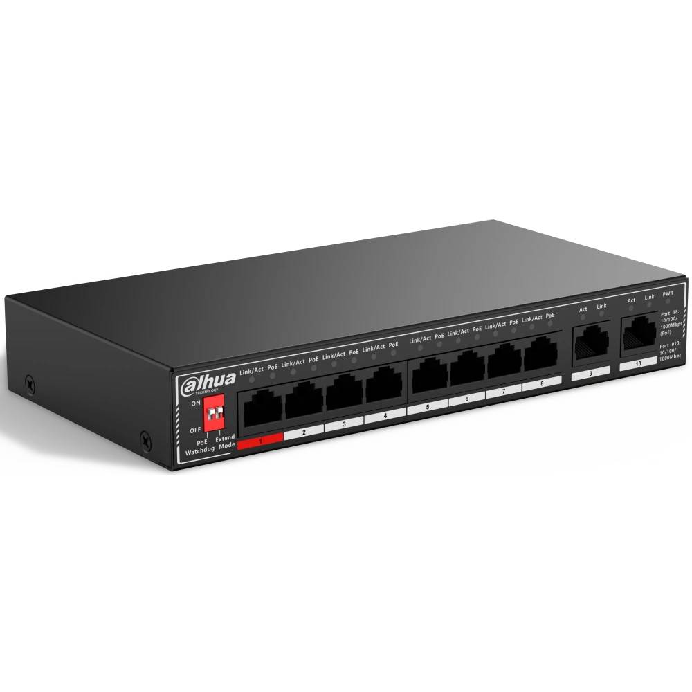 Коммутатор Dahua  DH-SG1010P, 8xLAN 1Gbps, 2xUplink, PoE