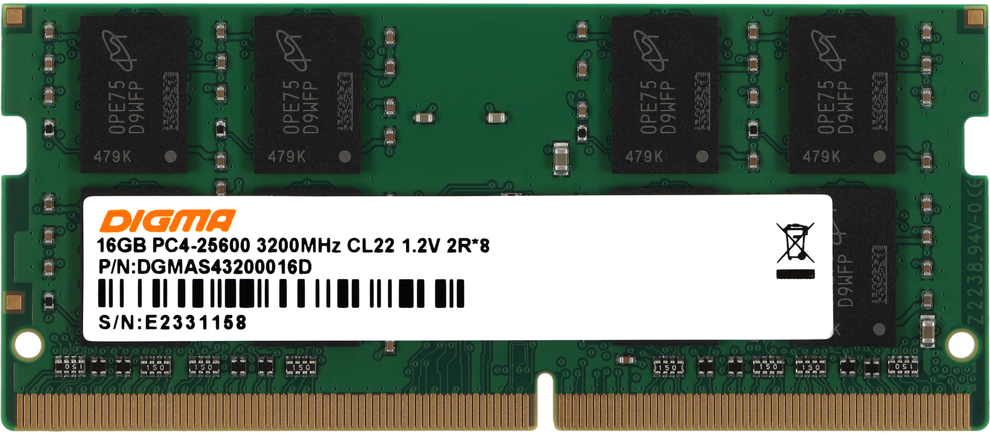 Оперативная память для ноутбука 16Gb Digma DGMAS43200016D, SODIMM DDR IV, PC-25600, 3200MHz