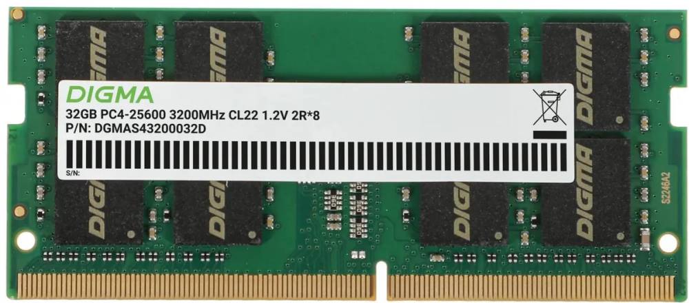 Оперативная память для ноутбука 32Gb Digma DGMAS43200032D, SODIMM DDR IV, PC-25600, 3200MHz