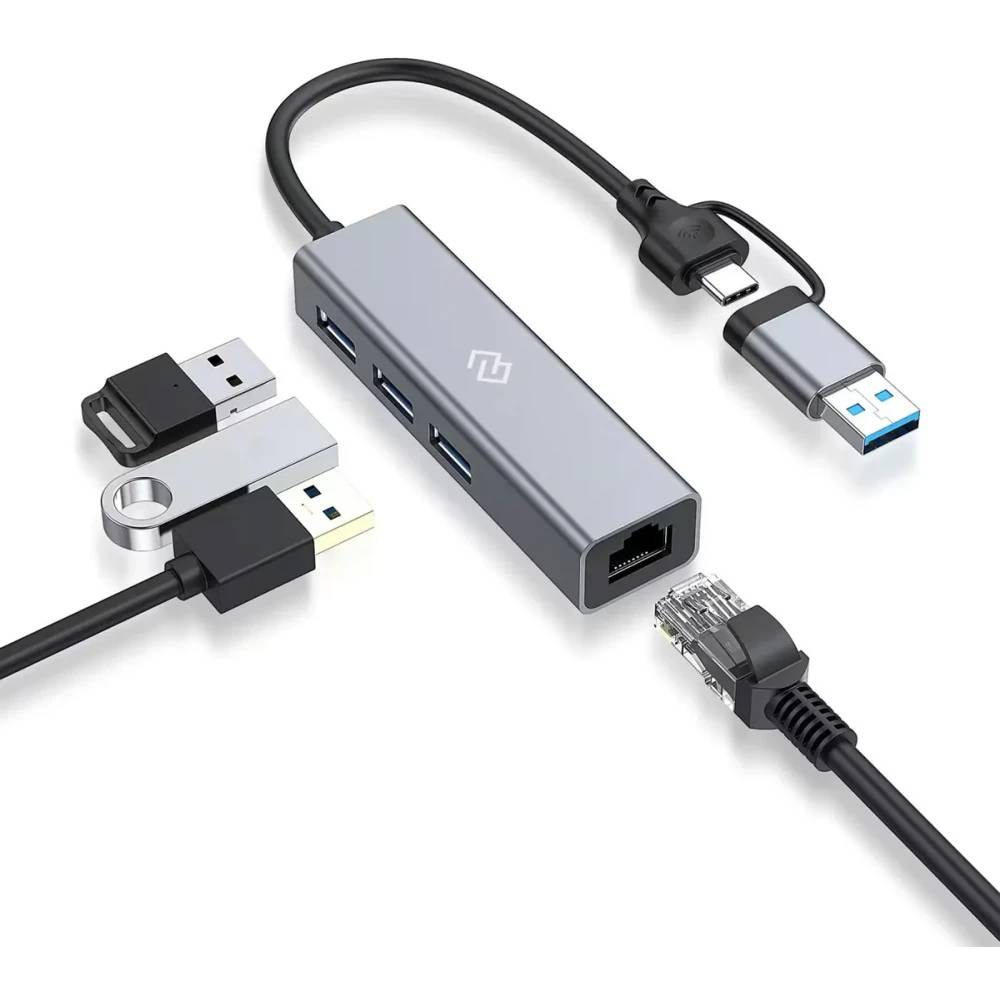 Разветвитель USB-C Digma DHUB-LAN-4port, 3xUSB-A, LAN, серый