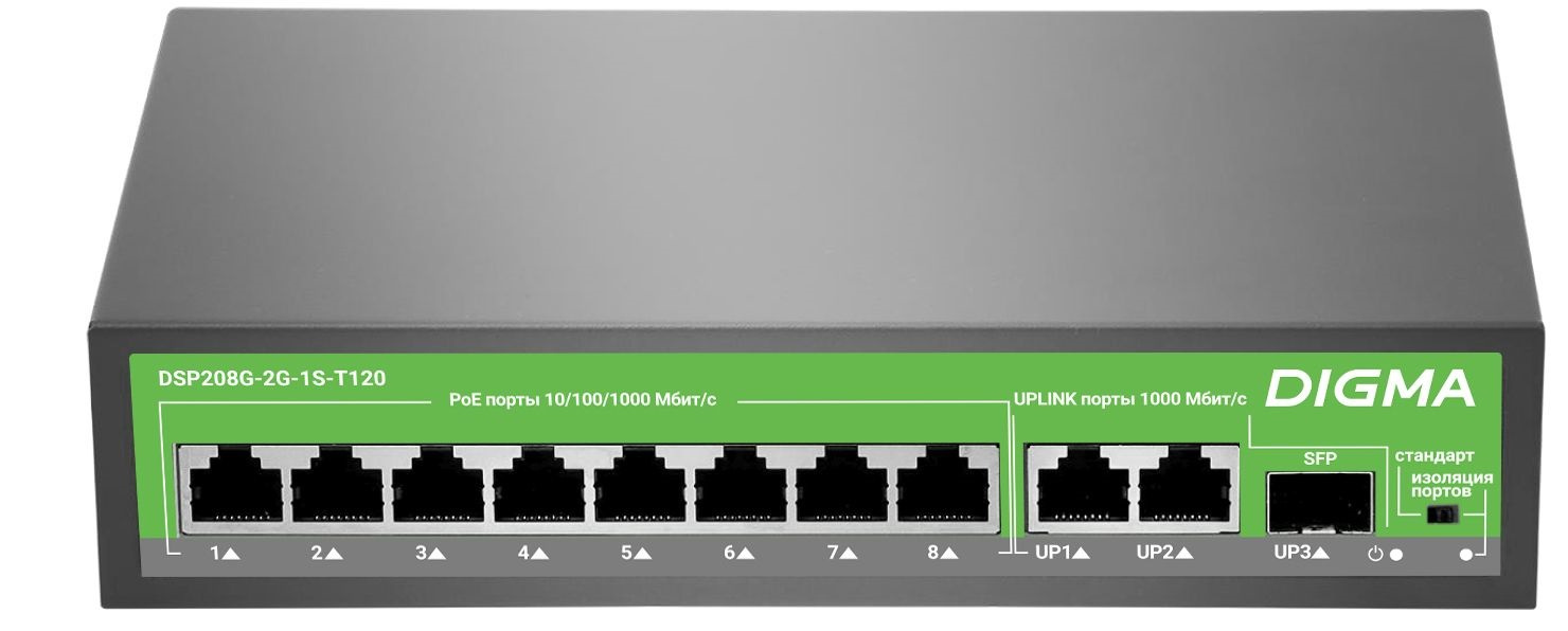 Коммутатор Digma DSP208G-2G-1S-T120, 10xLAN 1Gbps, 1xSFP, PoE+