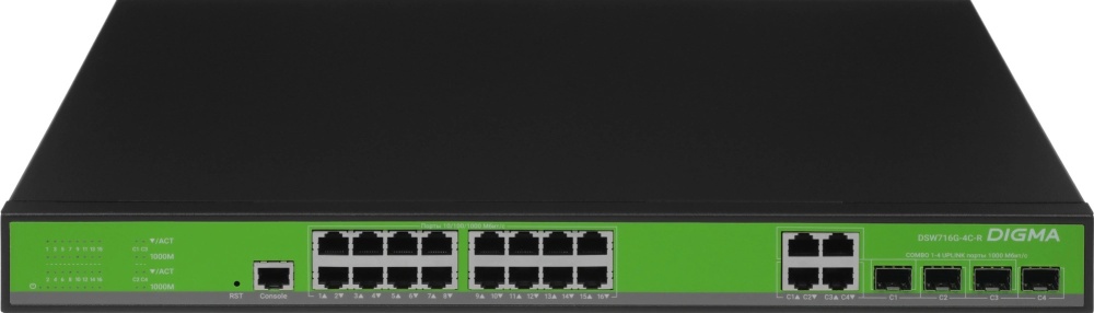 Коммутатор Digma DSW716G-4C-R, 16xLAN 1Gbps, 4xSFP 1Gbps