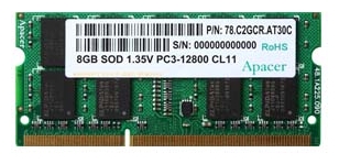 Оперативная память для ноутбука 8Gb Apacer AS08GFA60CATBGJ DV.08G2K.KAM, SODIMM DDR III, PC-12800, 1600MHz, 1.35V