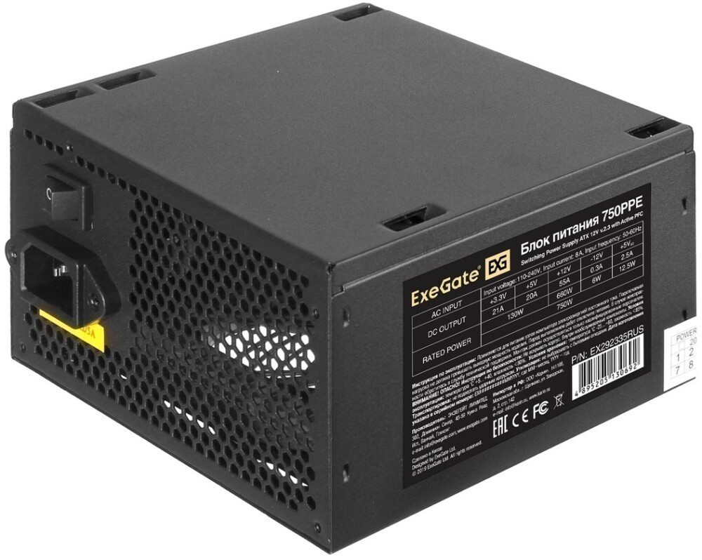 Блок питания 750Вт, ExeGate 750PPE EX292335RUS, 80%, APFC, ATX